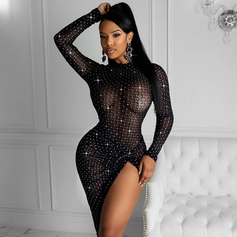 

HT See Through Geometrical Print Long Sleeve Sexy Midi Dress 2021 Spring Female Ruched Asymmetrical Outfits Club Wear, Picture show