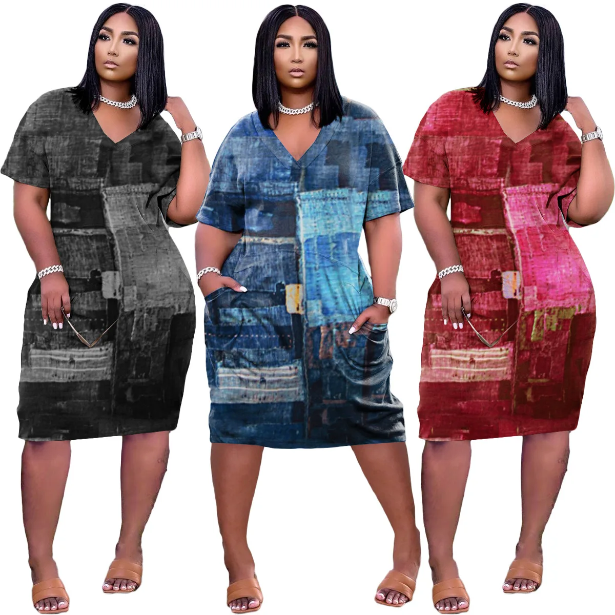 

Women's Plus Size jeans print V-neck Summer Dress with pocket loose Dress Long Casual Maxi Dress, Black/dark blue/ red