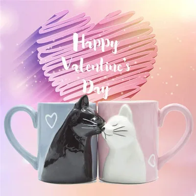 

Ceramic Couples Valentine Mugs Kiss Cat Coffee Couple Mug Set Tea Ceramic Cup Set Gift for Birthday Wedding Girlfriend Wife, As the picture show