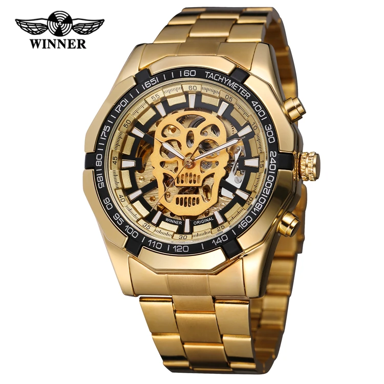 

WINNER 274 Top Brand Luxury Men Mechanical Watch Golden Stainless Steel Strap Skeleton Dial Luminous Skull Design Wrist Watch