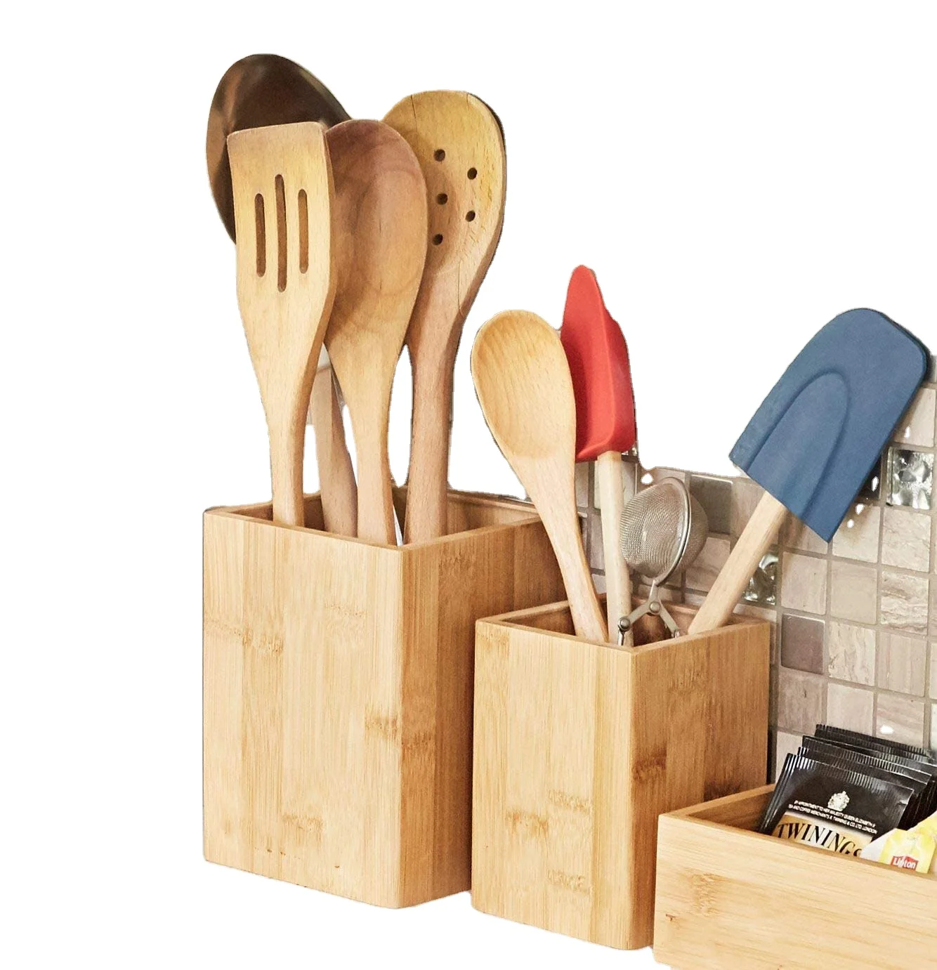 

Multi-Function Set of 4 Bamboo Box with Internal Moisture Guard For Kitchen Utensil Holder, Natural