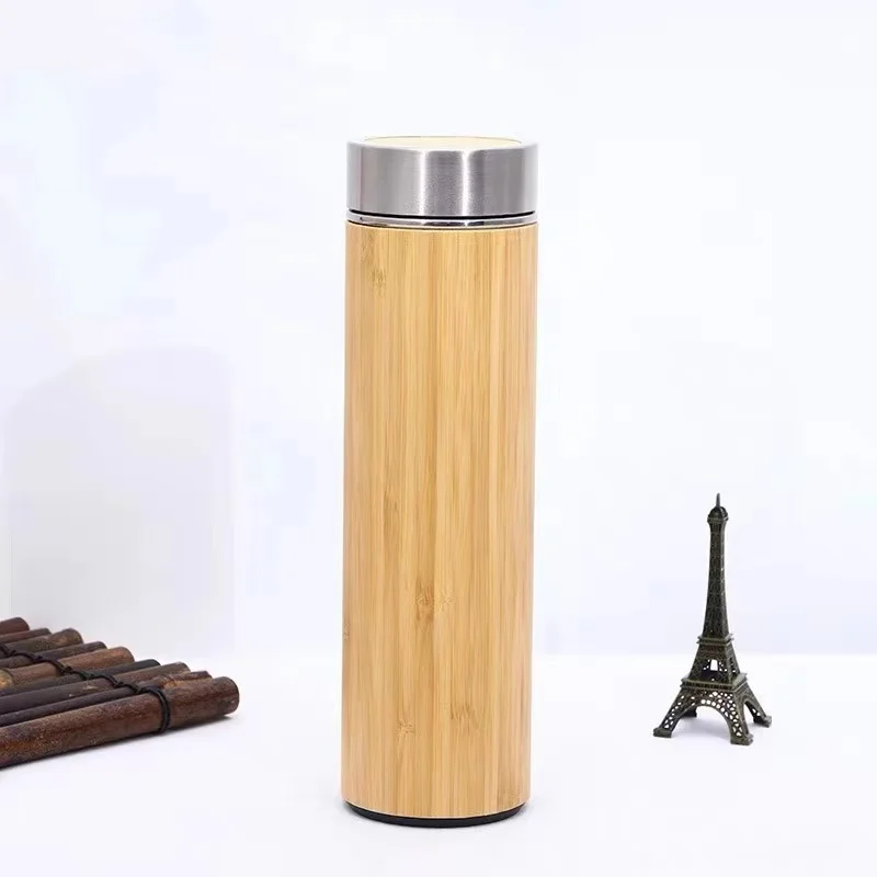 

Promotional Stainless Steel Double Wall Wide Mouth Wood Bamboo Water Bottle Tea Bottle Bamboo Tumbler With Infuser, Bamboo color