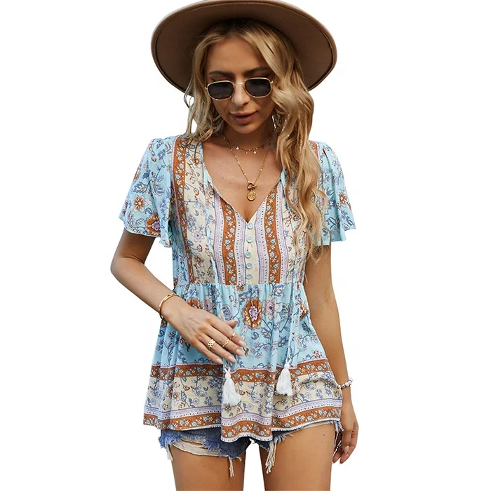 

Free Shipping High Quality Women Short Sleeve V-neck Blouse Women Bohemian Floral Print Tops