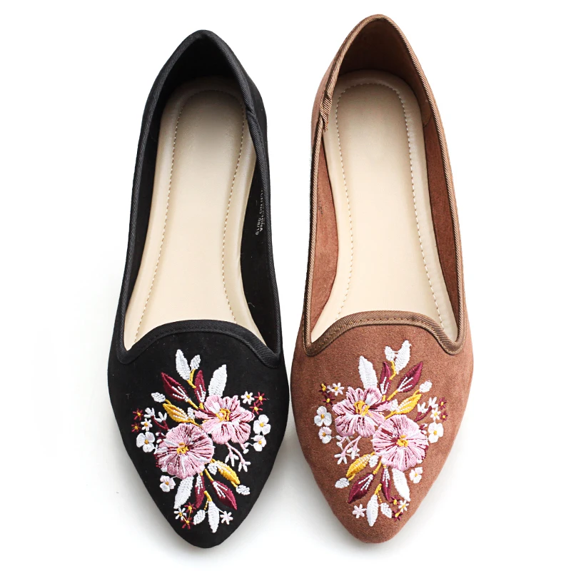 

2020 the women most fashion sharp toe last embroidery flower microfiber upper slip-on comfortable causal flats shoes, Black/camel