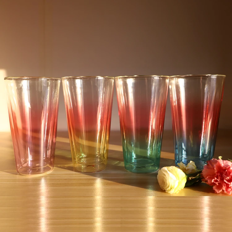 

Wholesale hand blown high borosilicate glass color double-layer glass cup