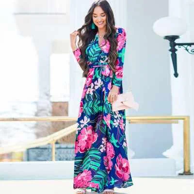 

Women's New Dress Autumn And Winter Long-sleeved Printed Floral Dress V-neck Women's Dress Wholesale, Picture color