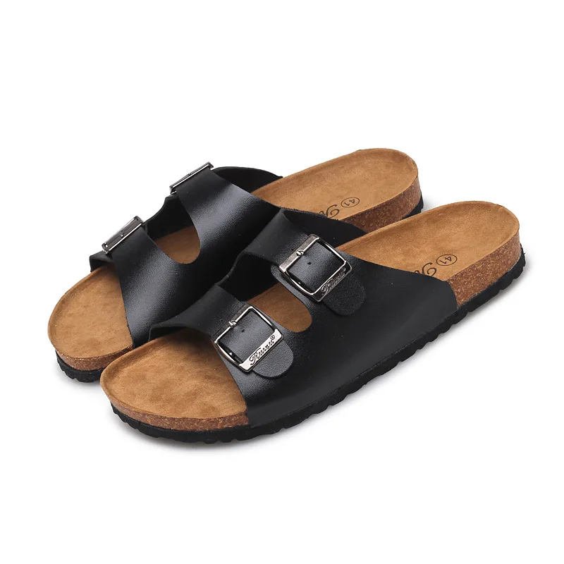 

2021 custom new design fashion metal buckle men sandals light-weight anti-slip cork wood slippers casual fashion men's slippers, Picture