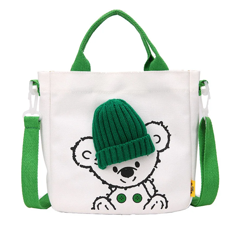 

Children's Bag Korean Fashion One Shoulder Bag Girl Cartoon Bear Hat Handbag Student Canvas Messenger Bag