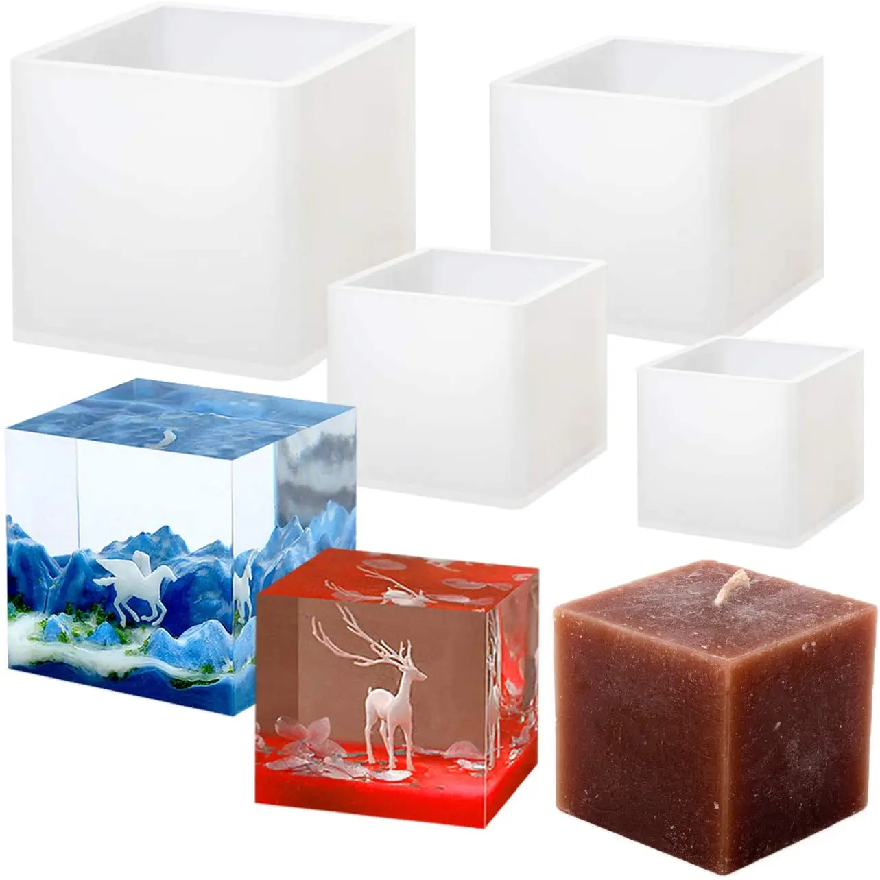 

4 Pack Square Jewelry Resin Molds 4 Sizes Cube Silicone Casting Molds DIY Art Resin Candle Soap Making Home Ornament Decoration, White