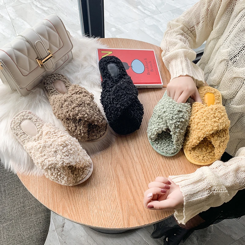 

Women's Cross Band Soft Lambswool House Outdoor Slippers Open Toe cozy Sandals Slides Comfort SPA Flip Flop Slides, 4 colors