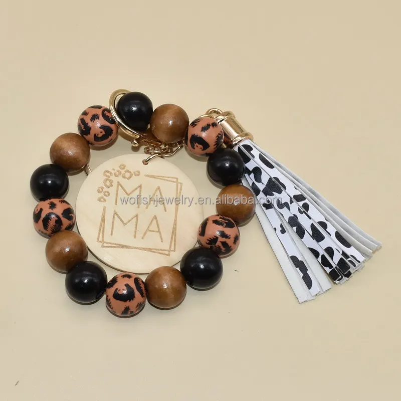 

Wofish Design Red Cow pattern Wooden beads wristlet Keychain With Engraved MAMA disc