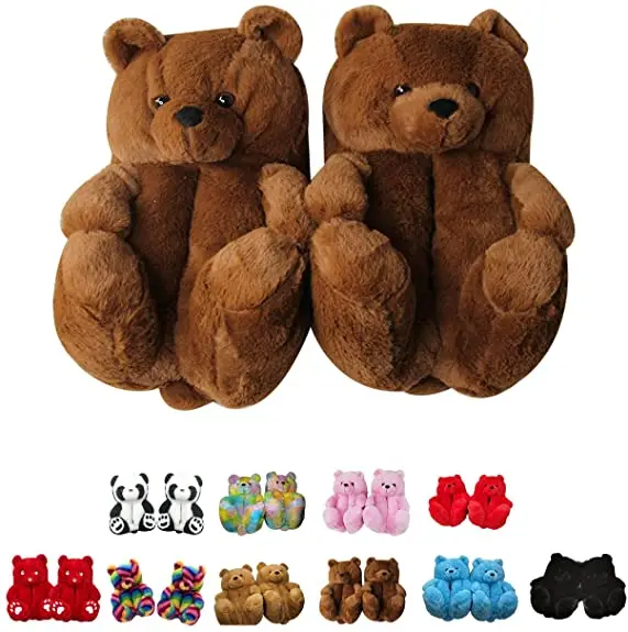 

Fashion PU Leather Popular Winter Warm Cotton Home Plush All-inclusive kids fluffy teddy bear cozy slippers