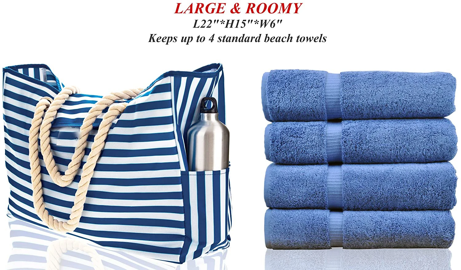 Soki Custom Waterproof Cotton Rope Handles Top Clasp Two Outside Pockets Blue Stripes