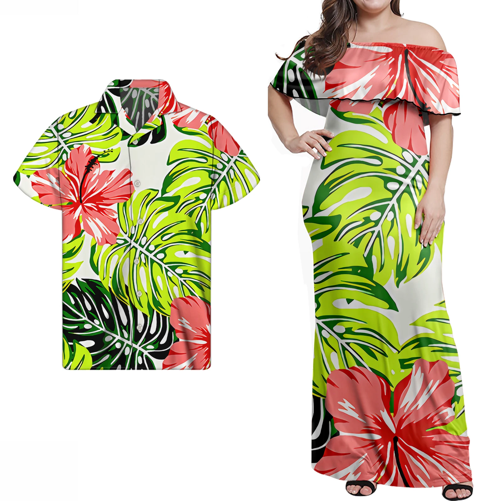

Polynesian hibiscus flower floral Print couple clothing beach wear Women Ruffle One Shoulder Maxi Dress Match Men Shirts 2pcs