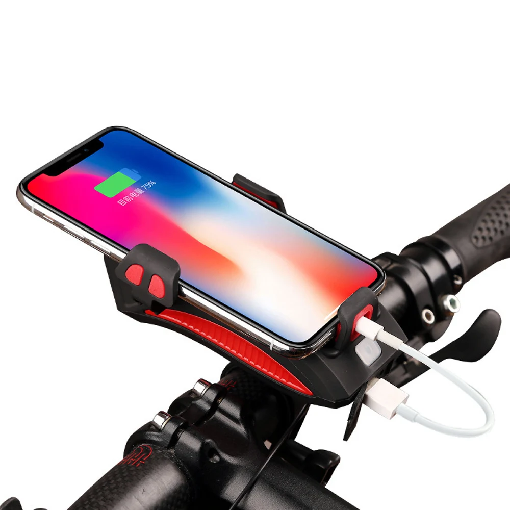 

4 in1 400 Lumen T6 lamp Rechargeable Bicycle Headlight Electric Horn MTB Bicycle power bank phone holder Bell Light, Black