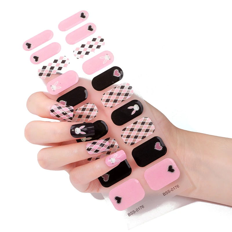 

2d Black Pink Y2K Hear Rabbit Bunny strong semi cured gel nail strips Grid framing nails uv gel Decorating art sticker Wrap