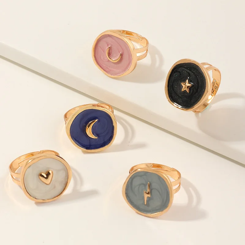 

2020 New Adjustable Gold Heart Moon Star Lightning Fashion Rings for Women Female Popular Multicolor Oil Drip Gold Ring Jewelry