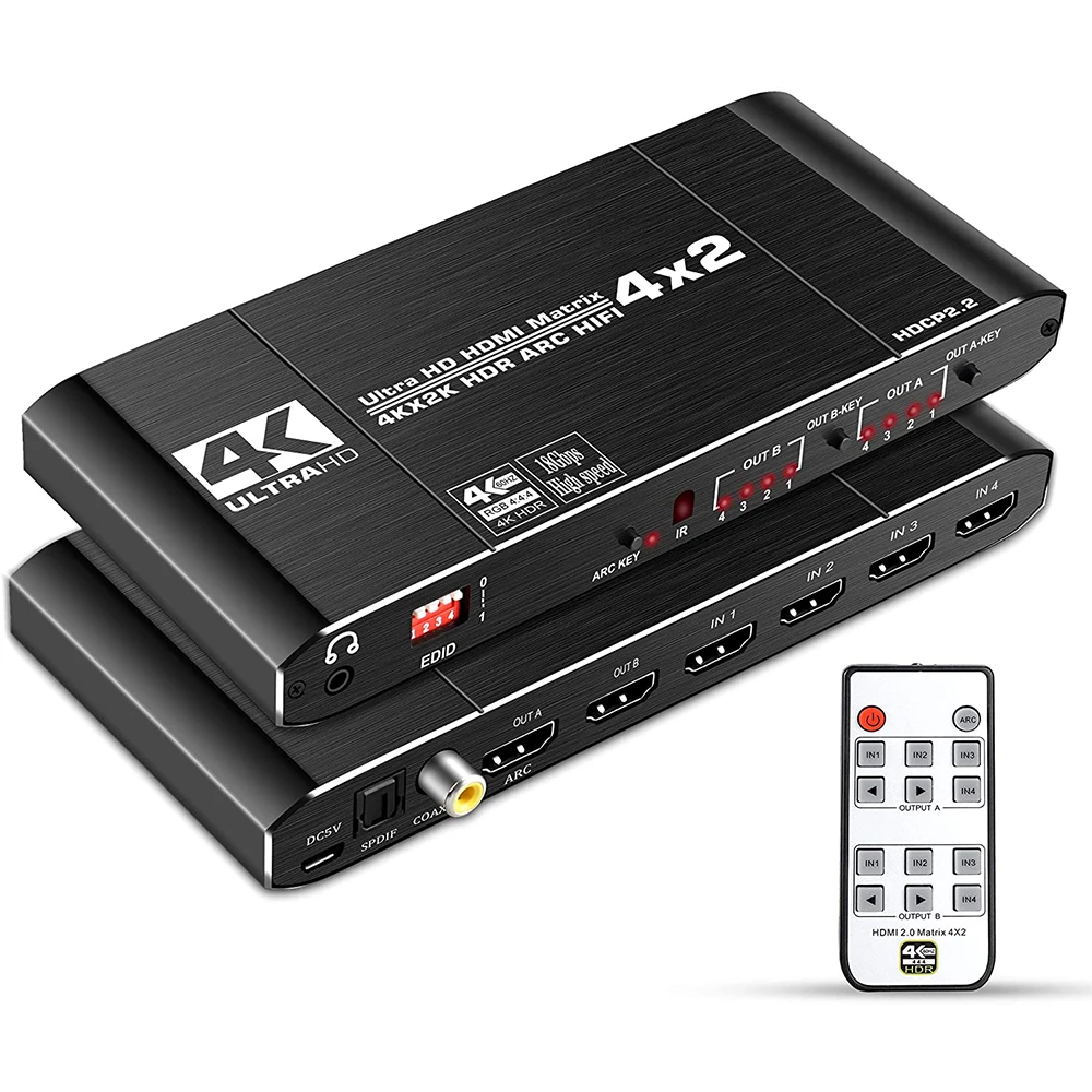 

OZJ2 4K@60Hz 4x2 HDMI Audio Extractor Matrix Switch Splitter with Optical Toslink SPDIF+Coaxial+3.5mm ARC Audio Out+IR Remote, Black