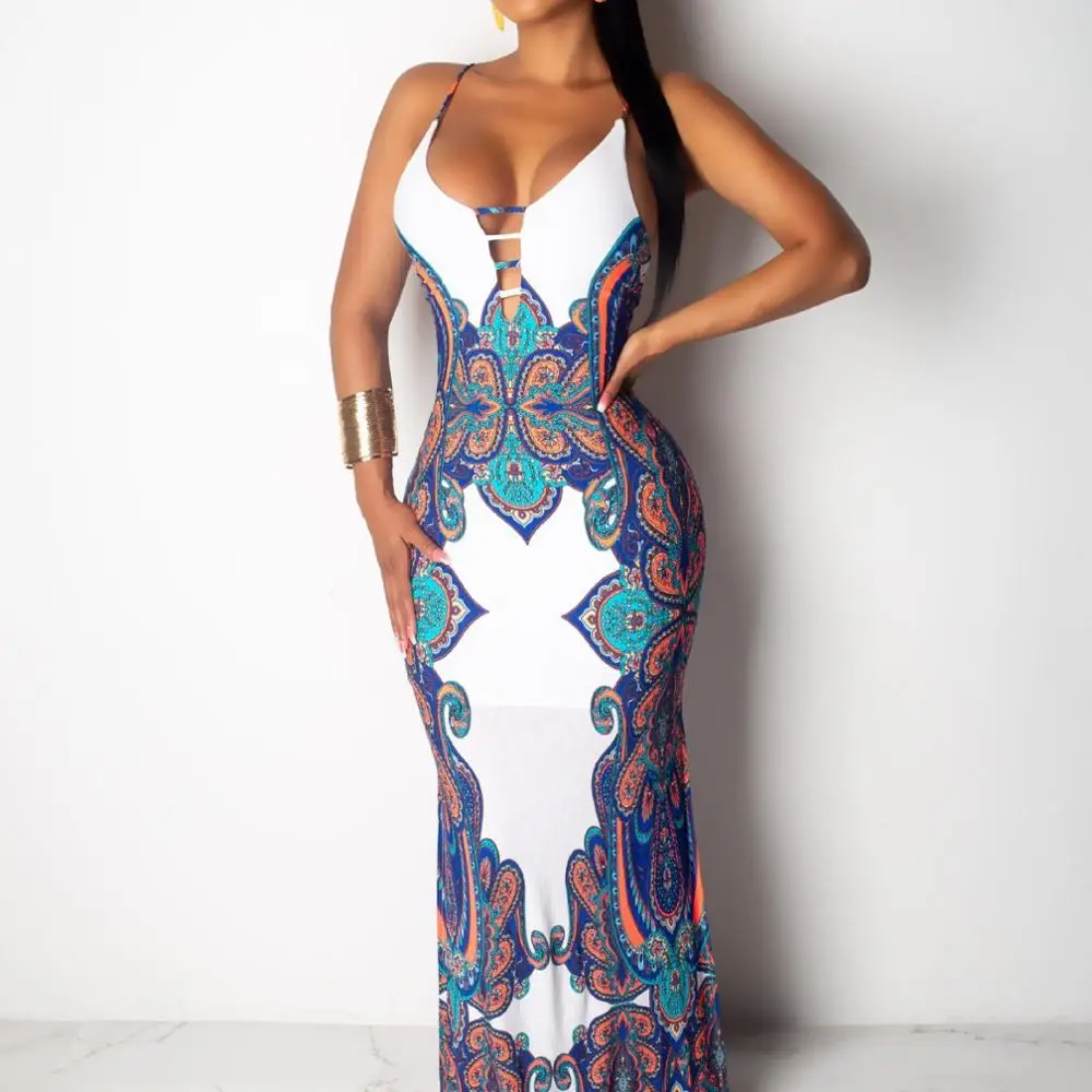 

Wholesale African clothing slip dress printed v neck hollow out maxi dress summer women's clothing manufacturer low moq, Customized color