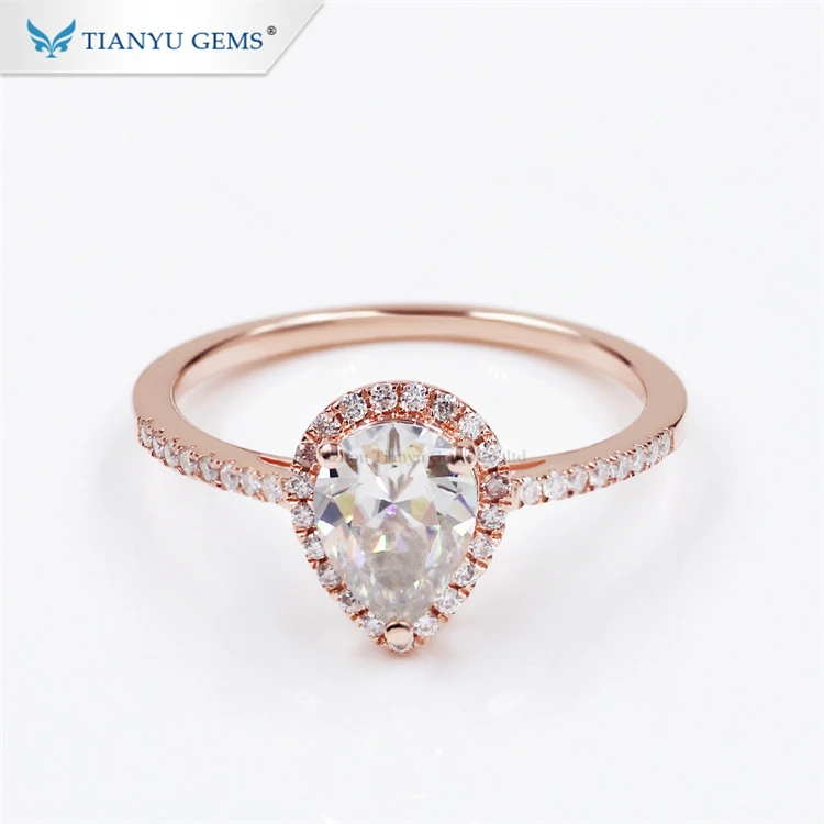 

Tianyu halo design 14k 18k Real Rose gold moissanite ring 1.5ct pear brilliant cut moissanite diamond rings