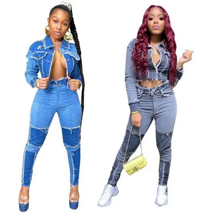 

2020 Fashion Fall Clothing for Women Sexy Jean Jackets Two Piece Set