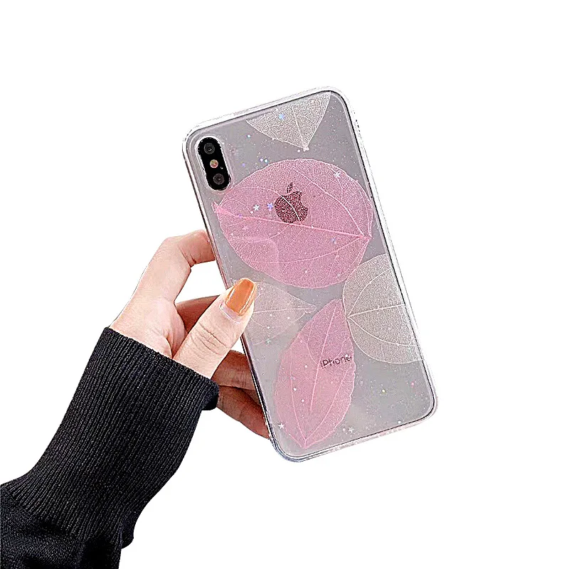 

Epoxy leaves glitter clear tpu phone accessories 10 meter waterproof phone case for vivo y11 huawei mate 40 pro phone case, Pink leaves, blue leaves