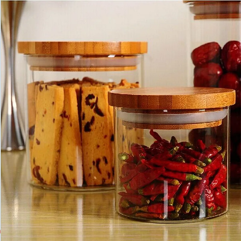 
High Borosilicate Airtight Food Cookie Glass Jar Container Small Glass Spicy Jar With Wooden Lid 