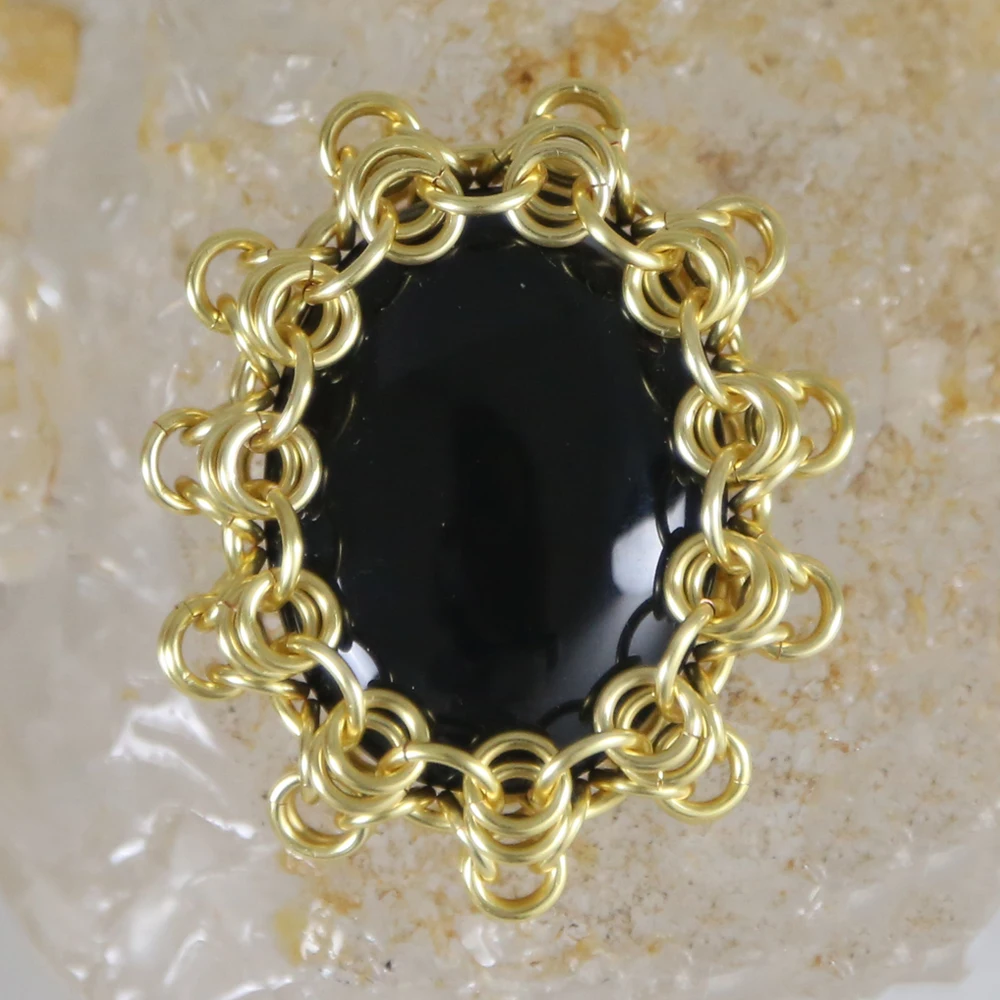 

Chainmail Black Agate Pendant Handmade Necklace Gold Copper Wire Jewelry, Oem