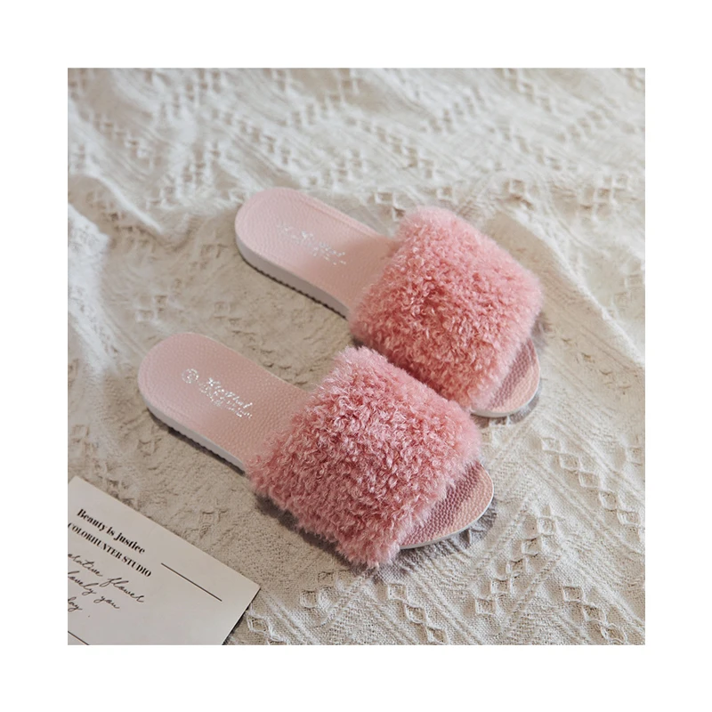 

Summer Faux Fur Slippers Indoor Thick Sole Slide Slipper For Woman, As picture