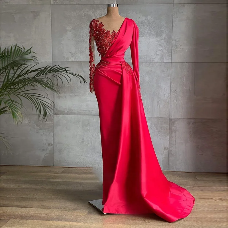 Jancember LSCZ218 Red Zipper Long Sleeve Elegance Sequins Satin Mermaid Evening Dress