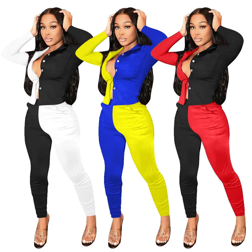 

Ladies Fall Bodycon Long Sleeve Buttons 2 Piece Outfits Fashion Patchwork Two Piece Pants Set Women Sets, Picture color