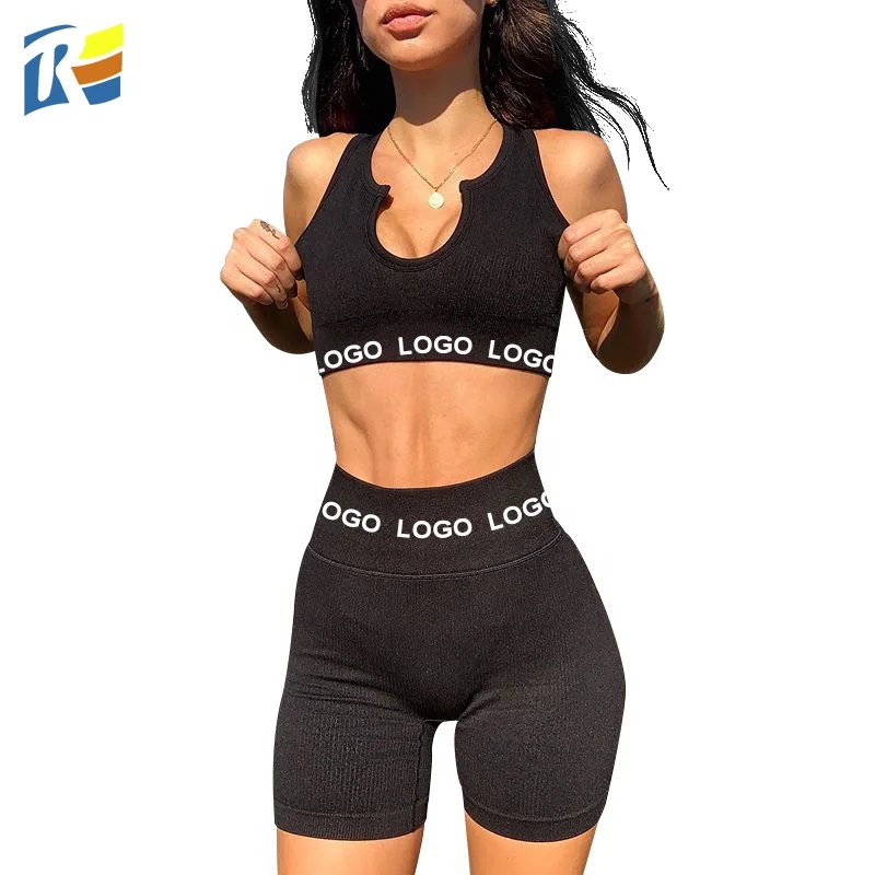 

2021 Custom LOGO Nylon 2 Piece Ribbed Seamless Biker Shorts Set High waist Crop Top Yoga Women Bra and Shorts Set