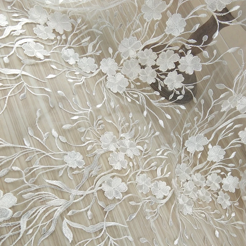 

New arrival 3D floral polyester embroidery lace fabric for dress, Ivory