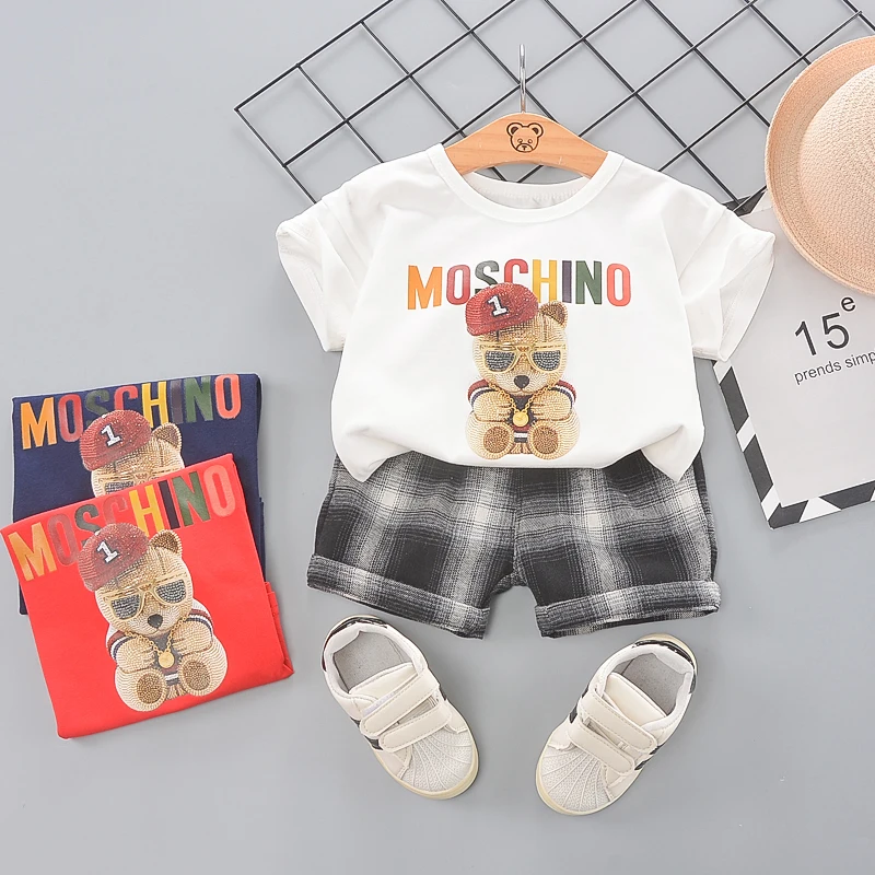 

Fashion girls and boys suit toddler clothes baby clothing set children outfit summer 100% cotton short T shirt and pant