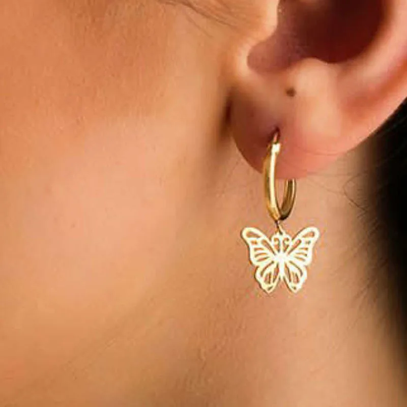 New Trendy Earring 18K Gold Plated Butterfly Pendant Huggie Earrings for Women Stainless Steel Earrings Wholesale