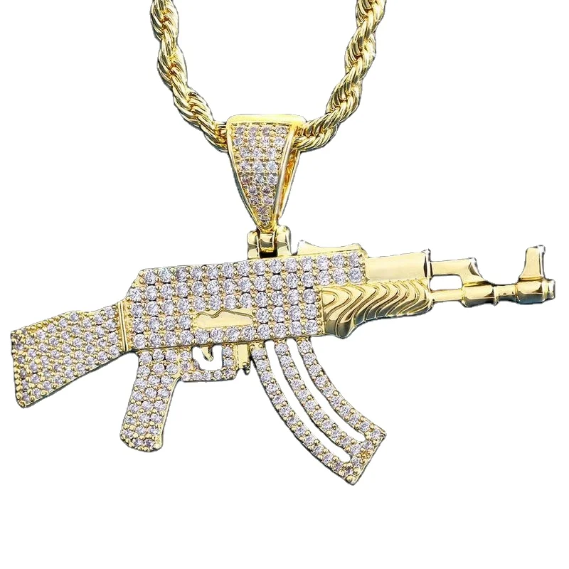 

Hip Hop Jewelry 14K Gold Plated AK47 Gun Pendant Chain Necklace uzi Gun Pendant Man Womens Charm Gold Gun Necklace for Men