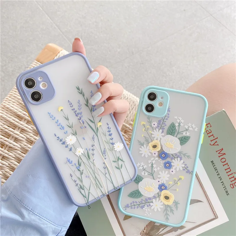 

Luxury Girls Relief Flower Transparent Matte PC Back Cover Silicone Mobile Phone Case For iphone 12 11 Pro Max X XR XS 7 8 Plus