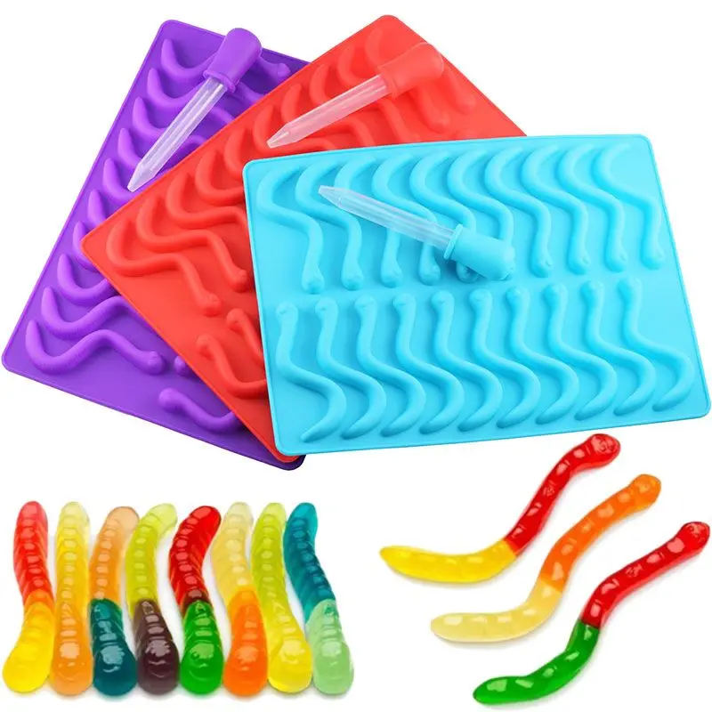 

Hot Selling 20 Cavity Earthworm Shaped Silicone Ice Tray With Dropper For Make Chocolate Jelly Gummy Candy Mold, Red,blue,purple,green