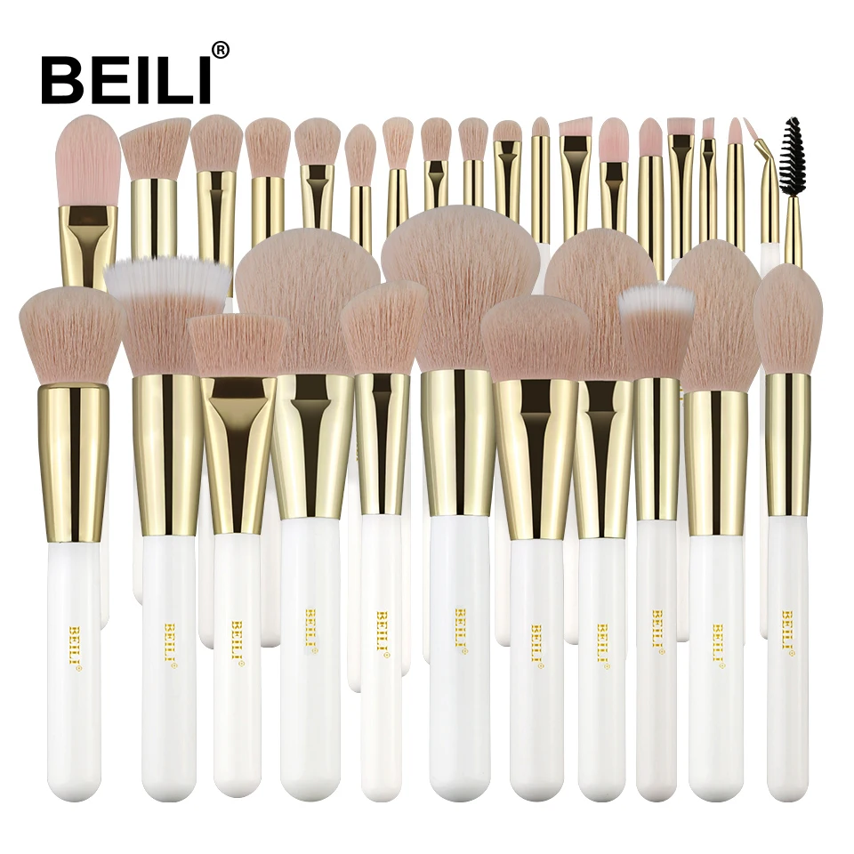 

BEILI 30cs Vegan Synthetic Hair Cosmetic Beauty Tools Eyelash Eyebrow Foundation Powder Make up Brush set, White