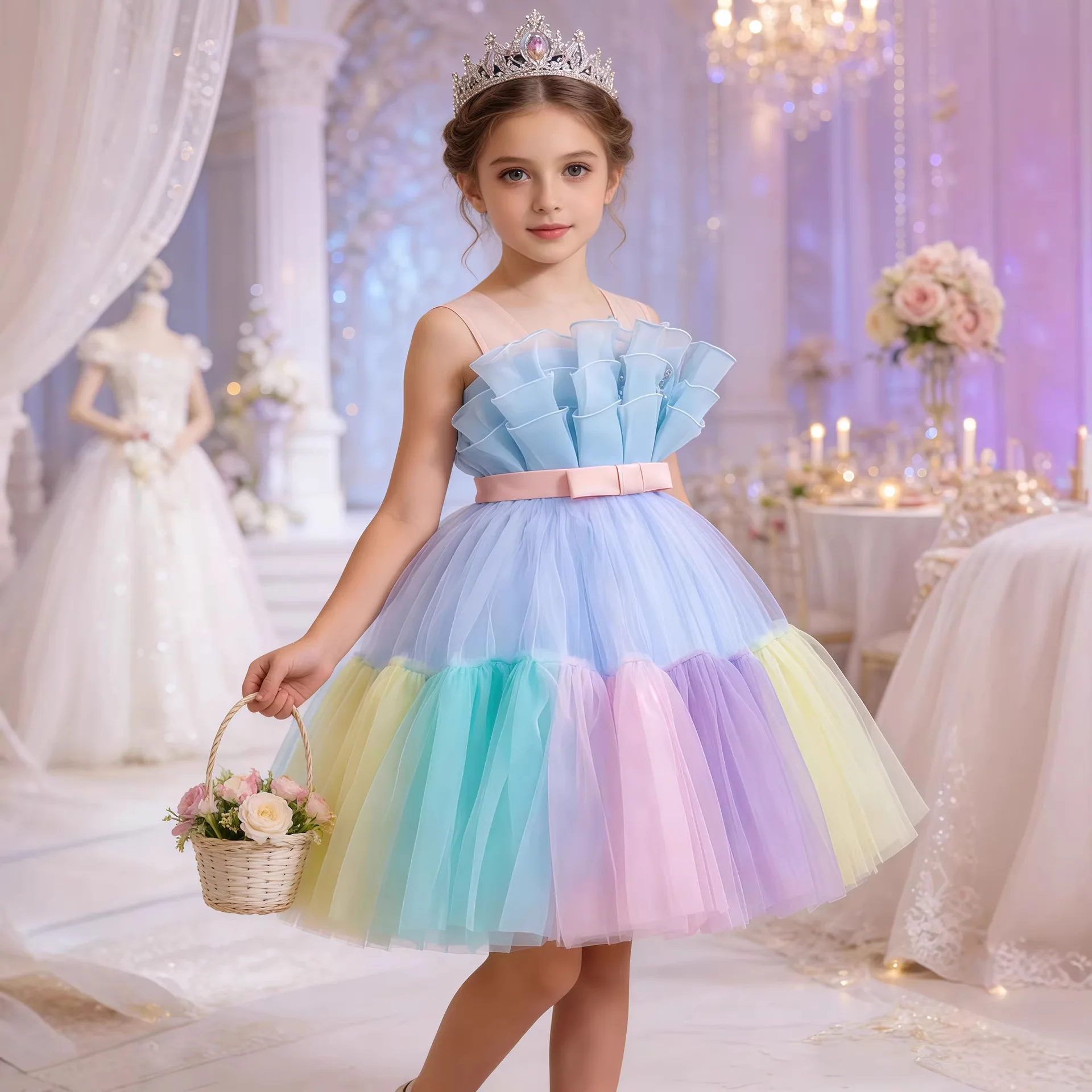 Elegant Style Fluffy Mesh Dresses for Girls of 10 Year Old Colorful Children's Princess Party Dress  Flower Girl Wedding Dress