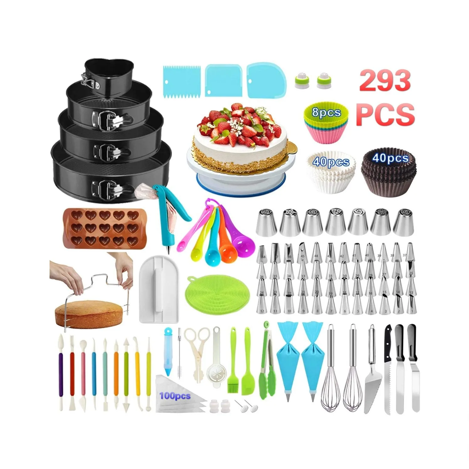 

Cake Decorating Supplies,293 Pcs Cake Decorating Kit Springform Cake Pans,Cake Rotating Turntable for Russian Piping Icing Tips