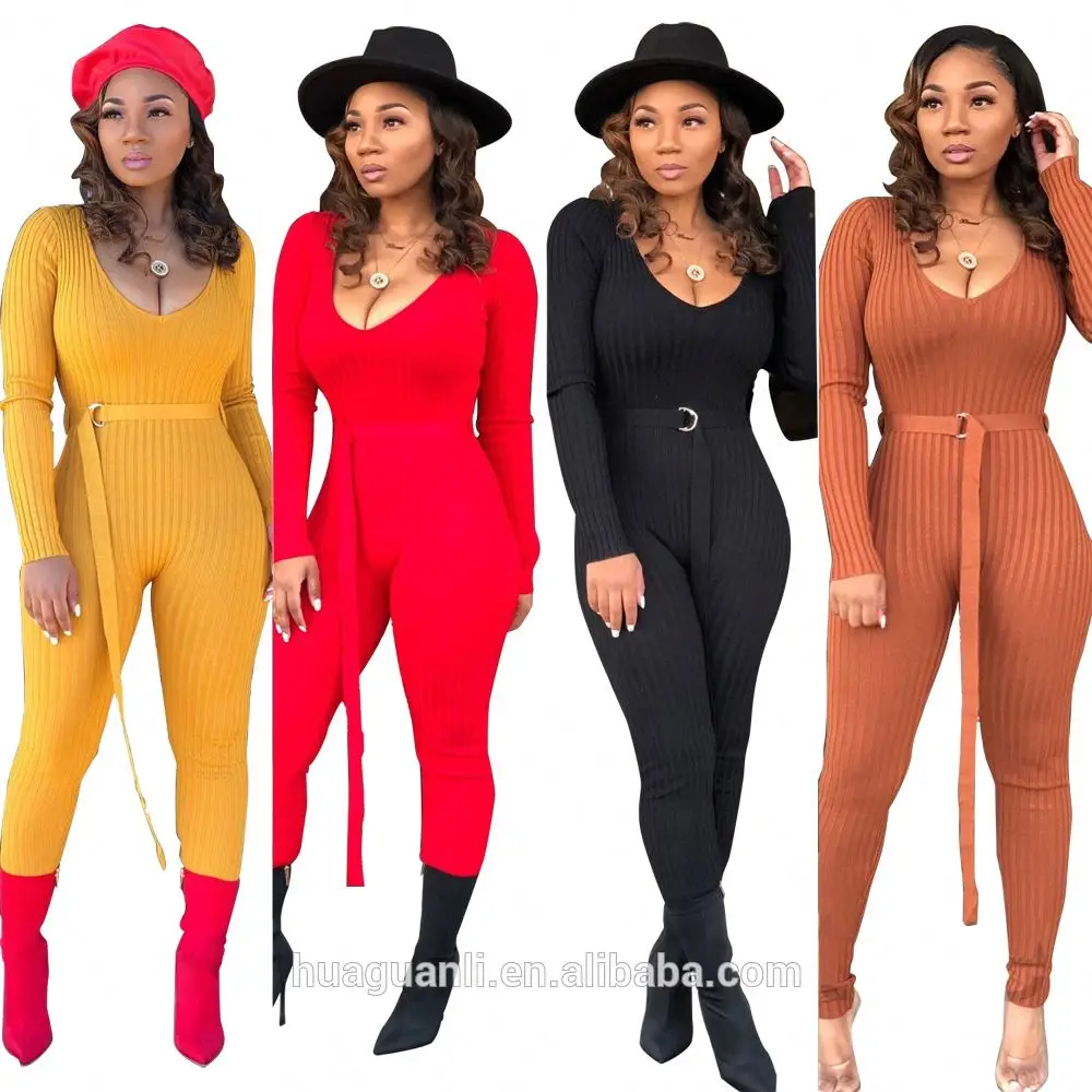 

NKYM8320 New Arrivals Fashion Women Casual Deep V-Neck Long Sleeve With Belt Solid Knitted Jumpsuit, Yellow\red\khaki