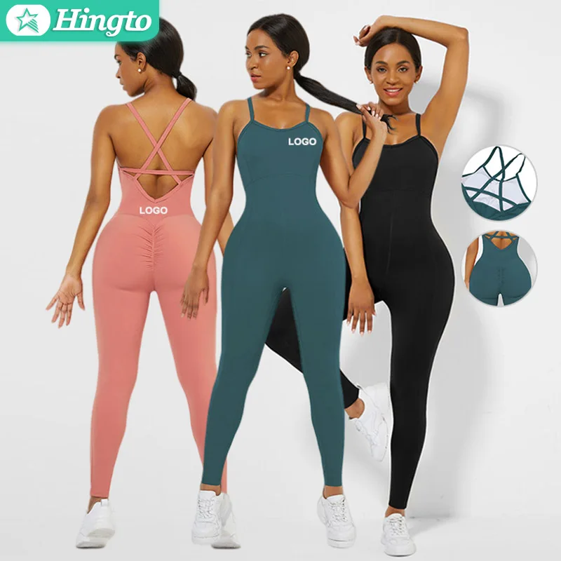 2021 Yoga Bodysuit Solid Color Strappy Back Workout Jumpsuit Sports Fitness One-Piece Bodycon sportswear private label