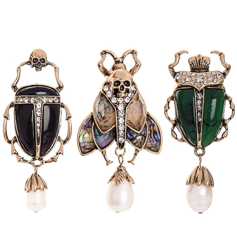 

2022 Gold Plated Crystal Rhinestone Insect Vintage Bee Brooch Pin Women Broche Skull Pearl Halloween