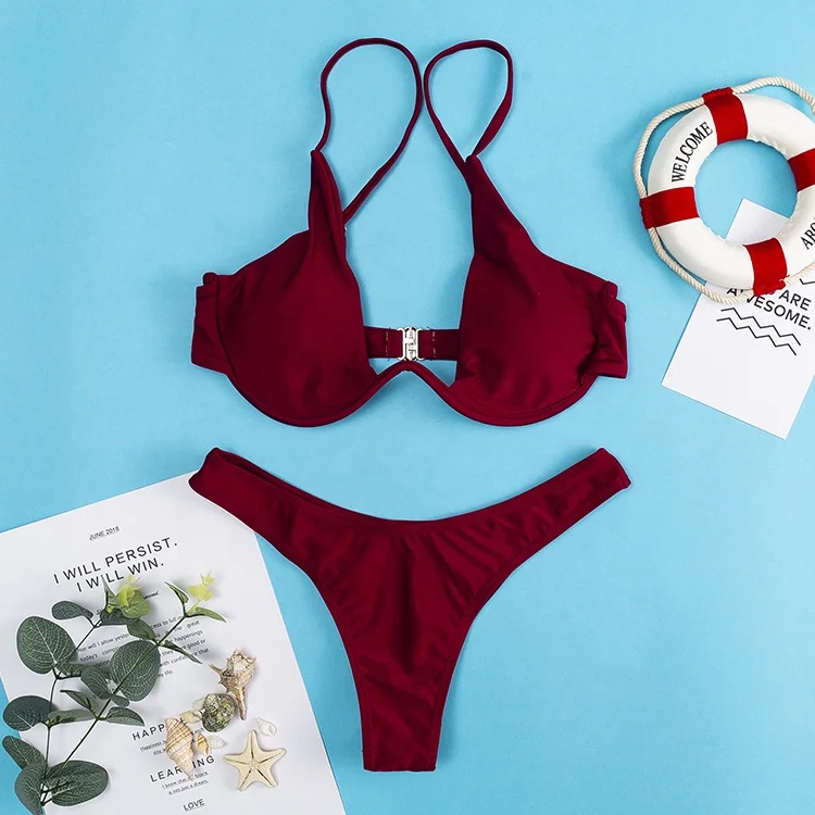 

Wholesale Brazilian Sexy Bikini Solid High Cut Thong Swimwear Triangle High Cut Thong Swimsuit For Women, Red/blue/green/gray/wine red/black, accept to custom.