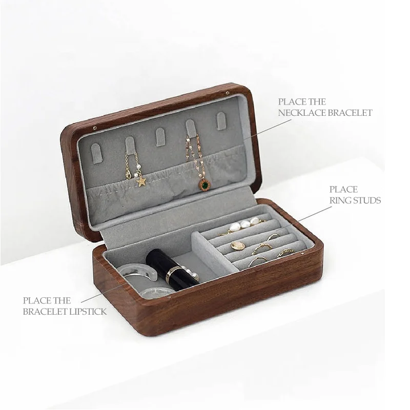 

Custom Logo Walnut Jewelry travel Box Organizer Jewellery Storage Case for Ring Earring Necklace Gift Packaging
