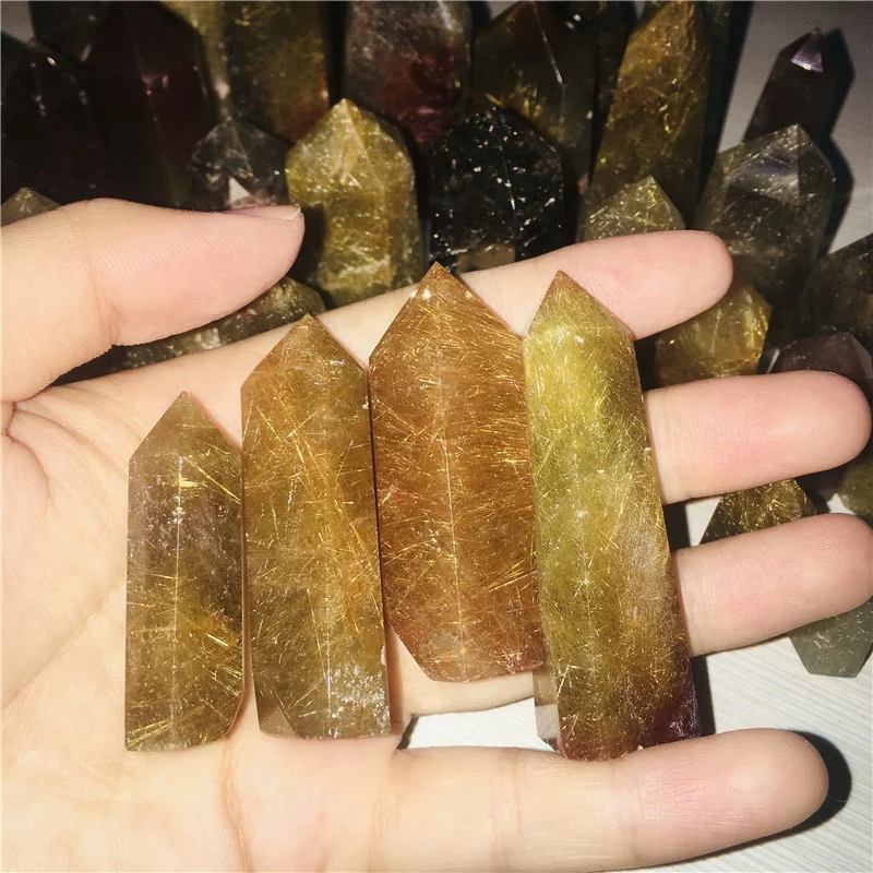 

Hot Selling Natural Healing Wand Crystal Rutilated Quartz Tower Gold Rutile Point