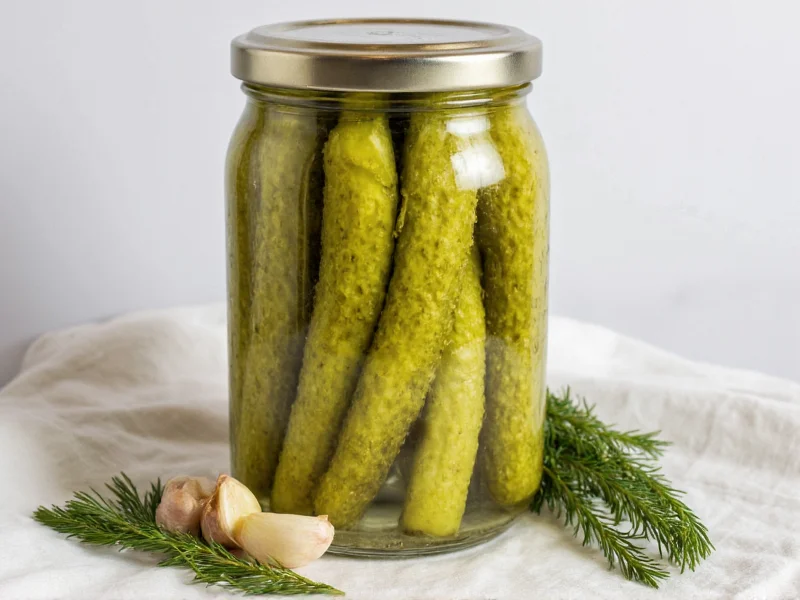 Crisp homemade pickles in glass jar with dill and garlic