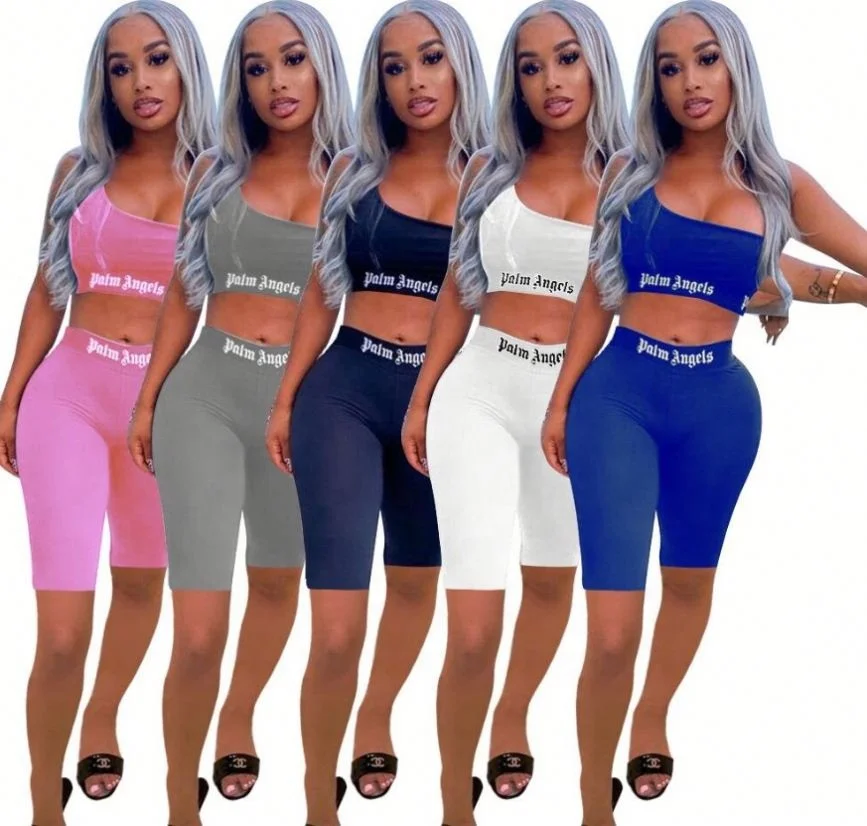 

2021 women's wear, 5colors two piece crop top letter printed summer sports 2 piece biker short set