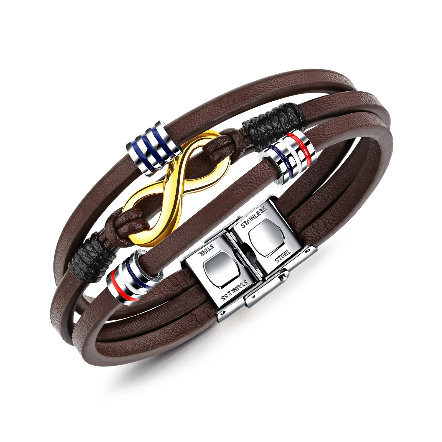 

High Quality Cuir Tresse Marron Fermoir Acier Stainless Steel Jewelry Bracelet Leather Men, Rose gold, gold, silver, customized color